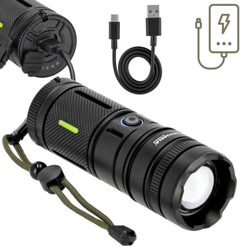 LATARKA LED taktyczna wojskowa ZOOM MOCNA AKUMULATOROWA NA USB C power bank