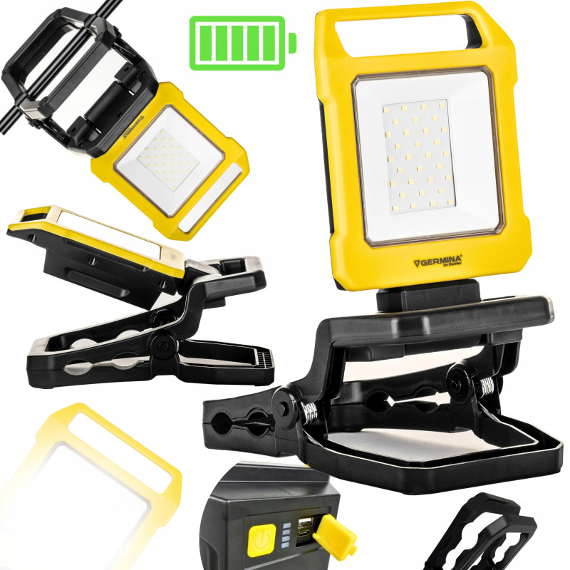 Lampa robocza LED akumulatorowa Germina z klipsem 10W naświetlacz akumulatorowy