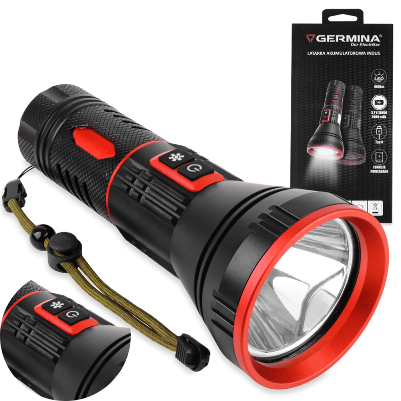 Latarka LED akumulatorowa Germina 2000mAh, 4 tryby świecenia, 650lm 1szt.