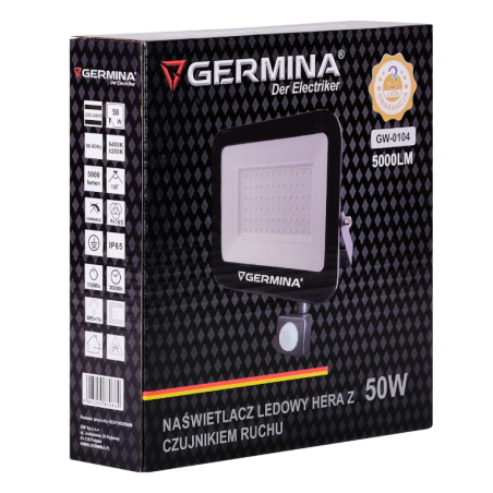 Naświetlacz LED Germina 50W z czujnikiem ruchu lampa zewnętrzna IP65 1szt.