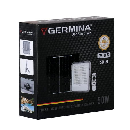 Naświetlacz LED Germina solarny 50W  lampa zewnętrzna IP65 + pilot 1kpl.