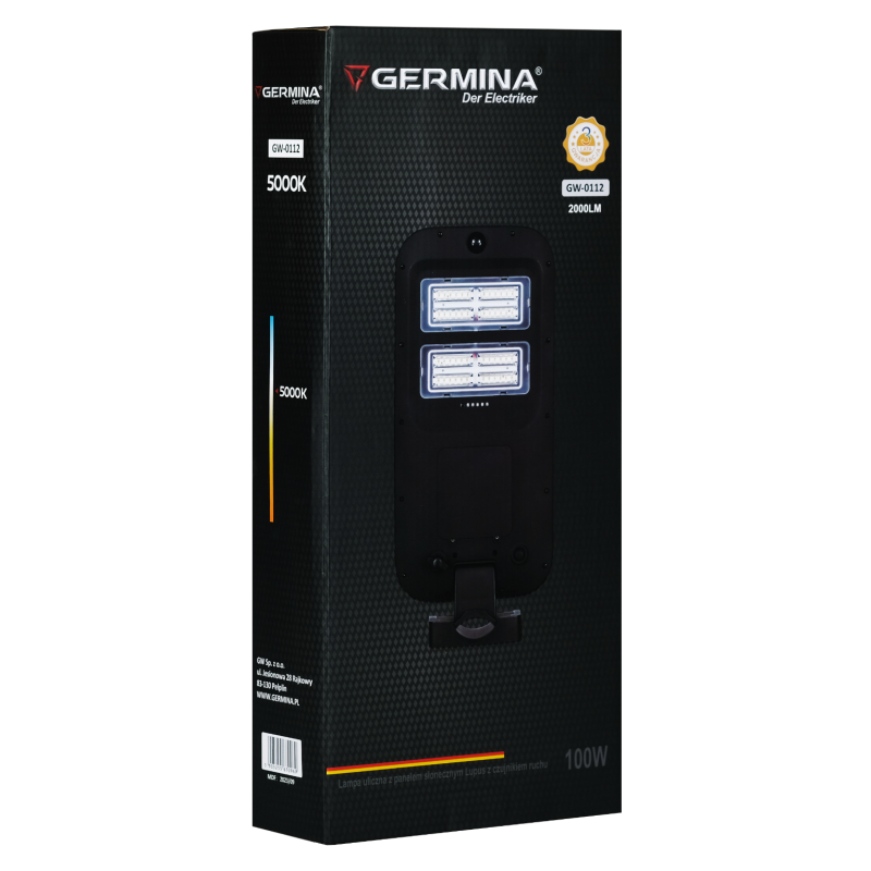 Lampa uliczna Germina 100W z panelem solarnym z czujnikiem ruchu  + pilot