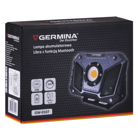 Lampa robocza LED ładowalna z glośnikiem Bluetooth, 15 W, 1200 lm, 6500 K, IP54, Libra, GERMINA