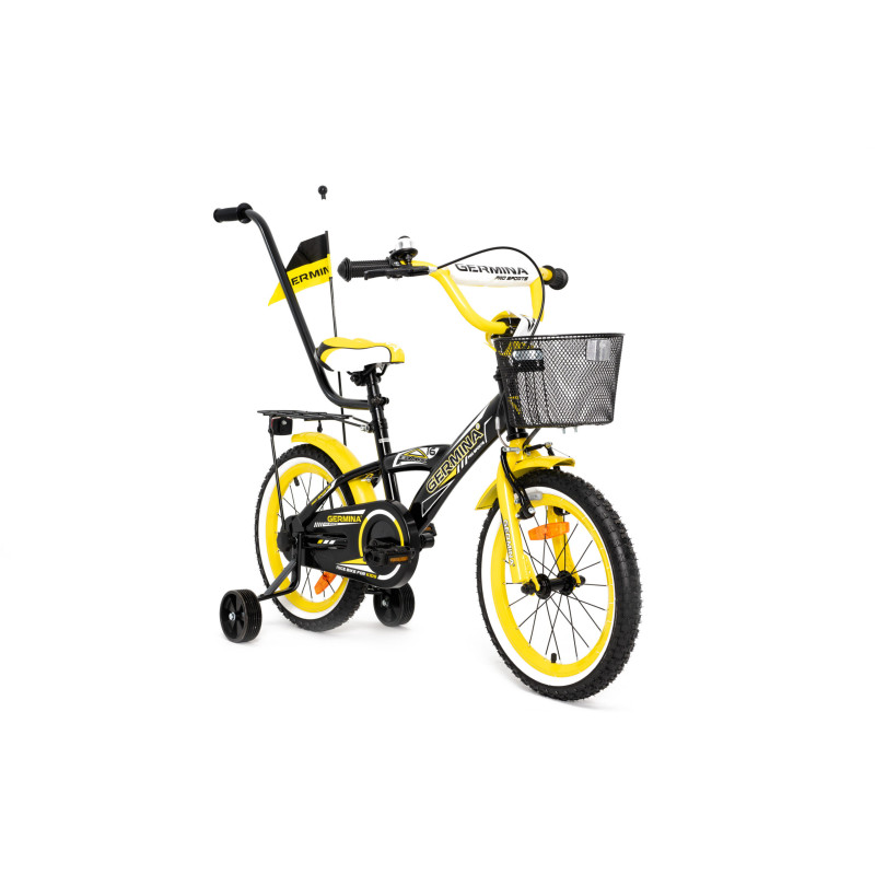 Rower dziecięcy 16" dla chłopca z koszykiem, kółkami bocznymi i prowadnikiem