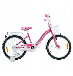 Rower dziecięcy 20" dla dziewczynki z koszykiem, bagażnikiem i kółkami bocznymi