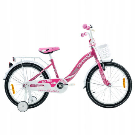 Rower dziecięcy 20" dla dziewczynki z koszykiem, bagażnikiem i kółkami bocznymi