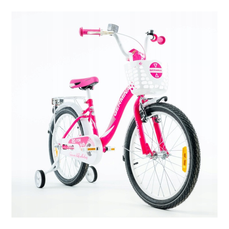 Rower dziecięcy 20" dla dziewczynki z koszykiem, bagażnikiem i kółkami bocznymi