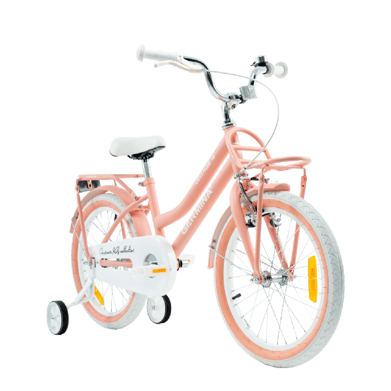 Rower dziecięcy 18" Vintage dla dziewczynki z kółkami bocznymi i bagażnikiem przód tył