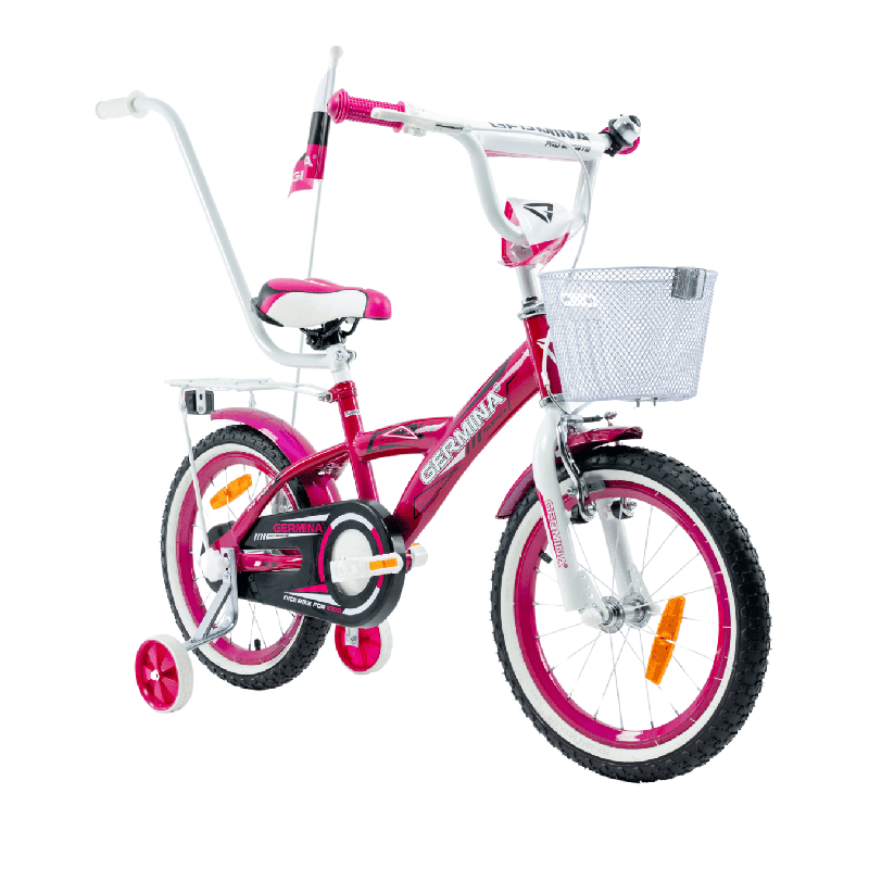 Rower dziecięcy 16" dla dziewczynki z koszykiem, kółkami bocznymi i prowadnikiem