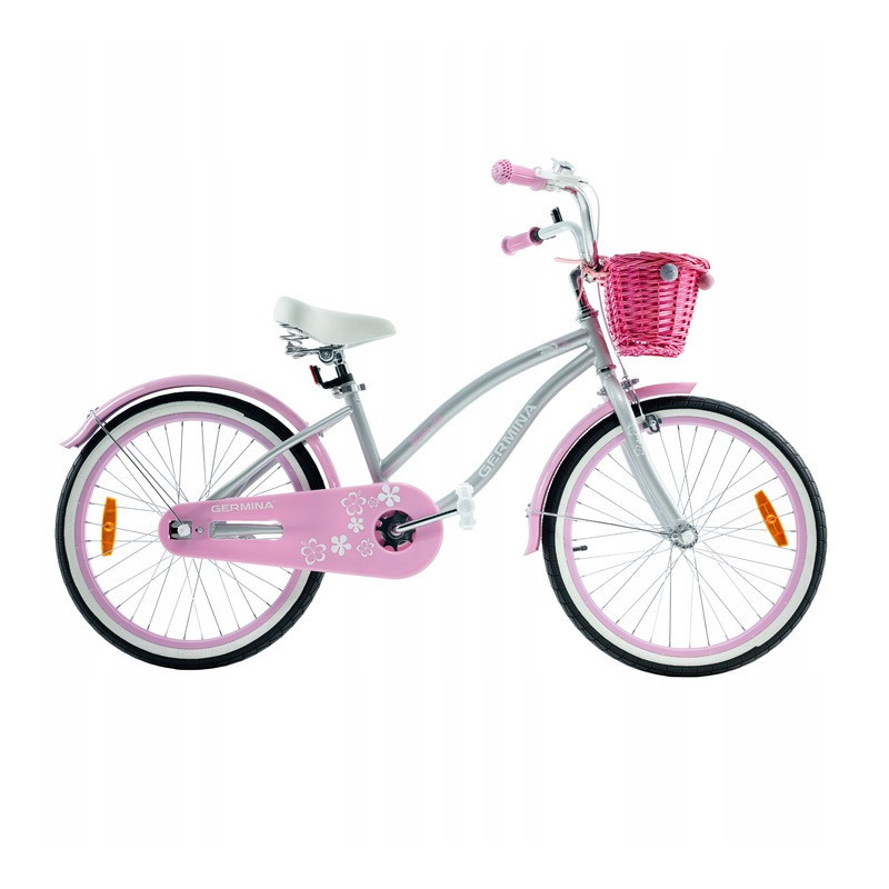 Rower dziecięcy 20" plażowy dla dziewczynki z wiklinowym koszykiem i stopką