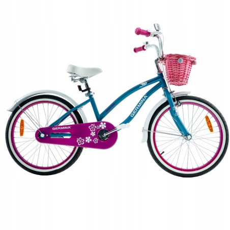 Rower dziecięcy 20" plażowy dla dziewczynki z wiklinowym koszykiem i stopką
