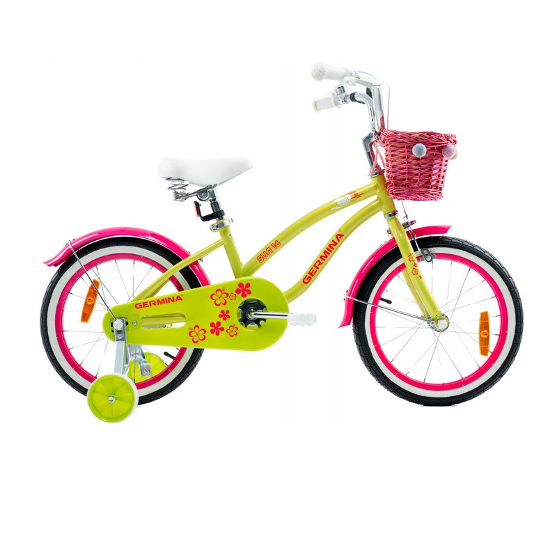 Rower dziecięcy 16" plażowy dla dziewczynki z wiklinowym koszykiem i kółkami bocznymi