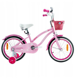 Rower dziecięcy 16" plażowy dla dziewczynki z wiklinowym koszykiem i kółkami bocznymi