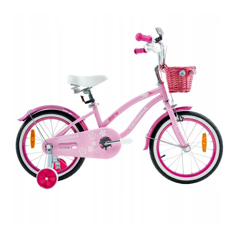 Rower dziecięcy 16" plażowy dla dziewczynki z wiklinowym koszykiem i kółkami bocznymi