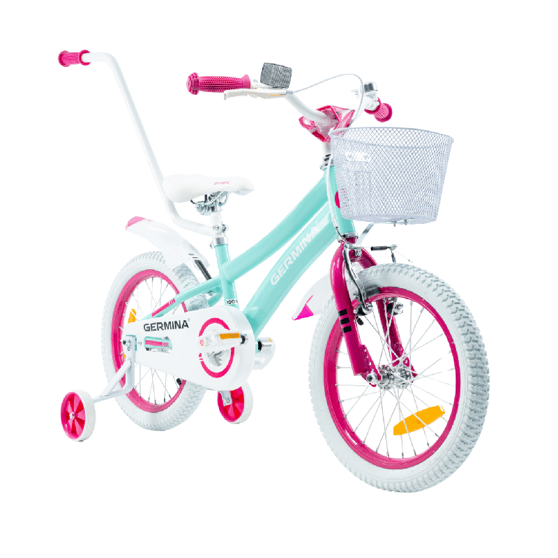 Rower dziecięcy 16" dla dziewczynki z koszykiem, kółkami bocznymi i prowadnikiem