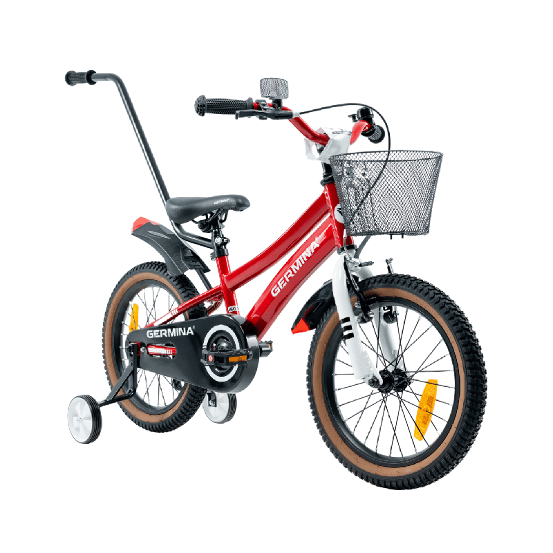 Rower dziecięcy 16" dla chłopca z koszykiem, kółkami bocznymi i prowadnikiem