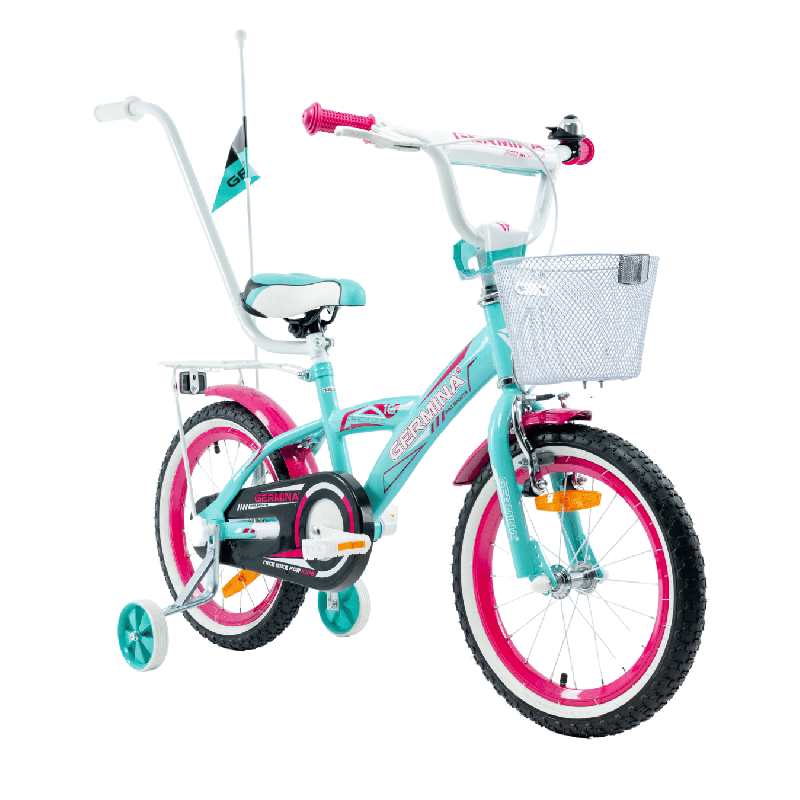 Rower dziecięcy 16" dla dziewczynki z koszykiem, kółkami bocznymi i prowadnikiem