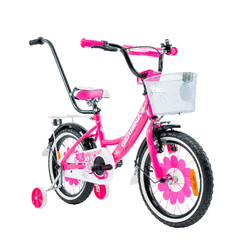 Rower dziecięcy 16 cali dla dziewczynki z kółkami bocznymi – koszyk, prowadnik, błotniki, bagażnik, osłona łańcucha