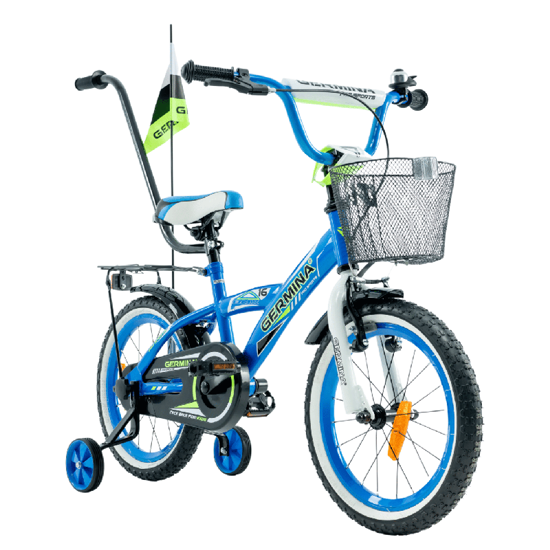 Rower dziecięcy 16" dla chłopca z koszykiem, kółkami bocznymi i prowadnikiem