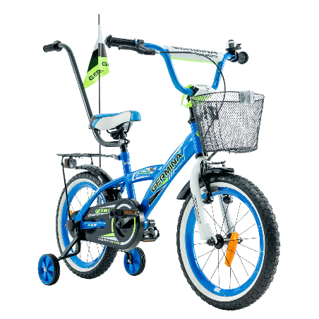 Rower dziecięcy 16" dla chłopca z koszykiem i prowadnikiem