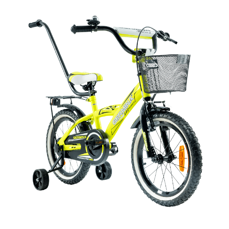 Rower dziecięcy 16" dla chłopca z koszykiem, kółkami bocznymi i prowadnikiem