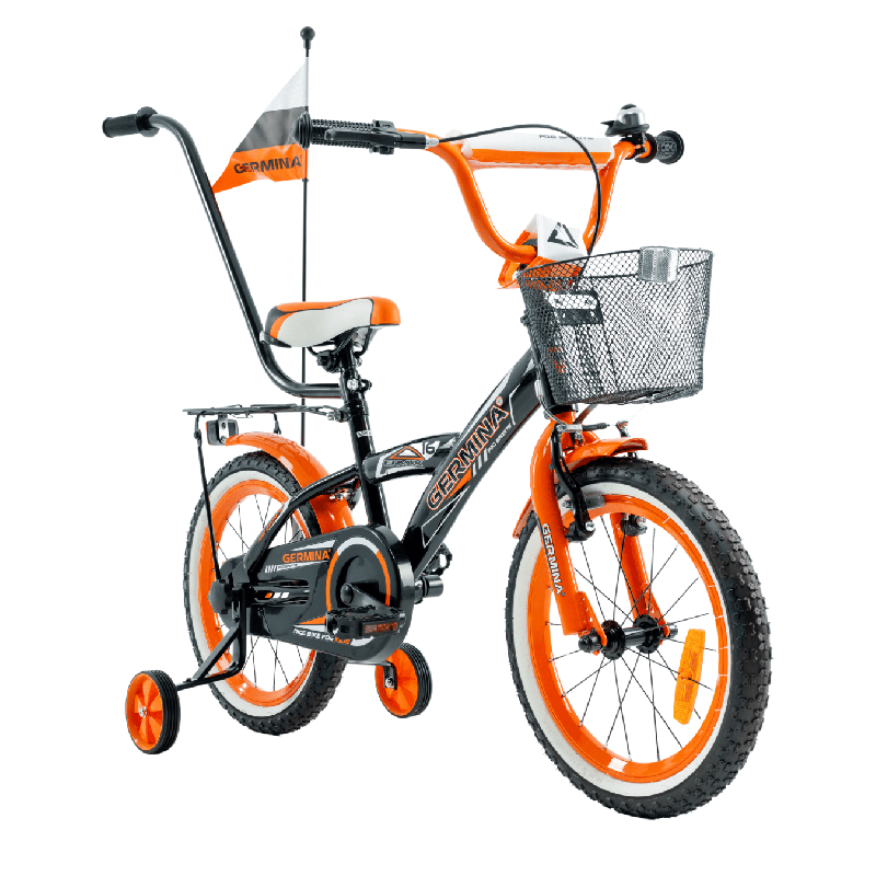 Rower dziecięcy 16" dla chłopca z koszykiem, kółkami bocznymi i prowadnikiem