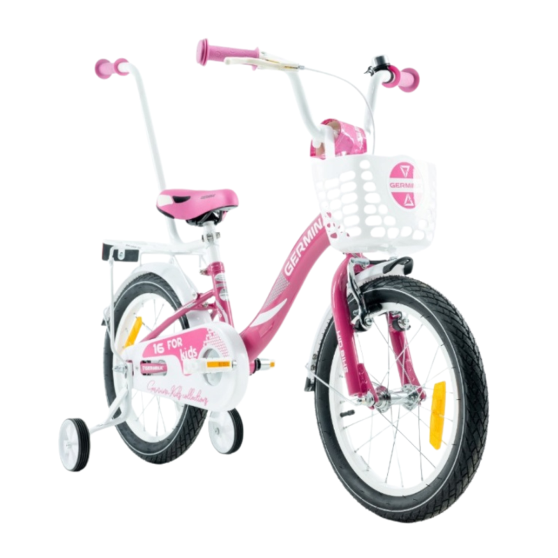 Rower dziecięcy 16 cali dla dziewczynki z kółkami bocznymi – koszyk, prowadnik, błotniki, bagażnik, osłona łańcucha