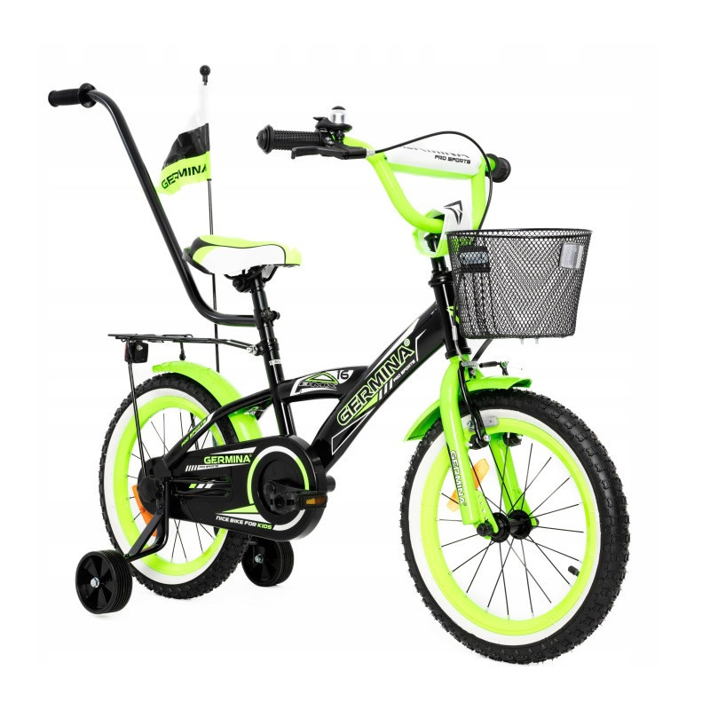 Rower dziecięcy 16" dla chłopca z koszykiem, kółkami bocznymi i prowadnikiem