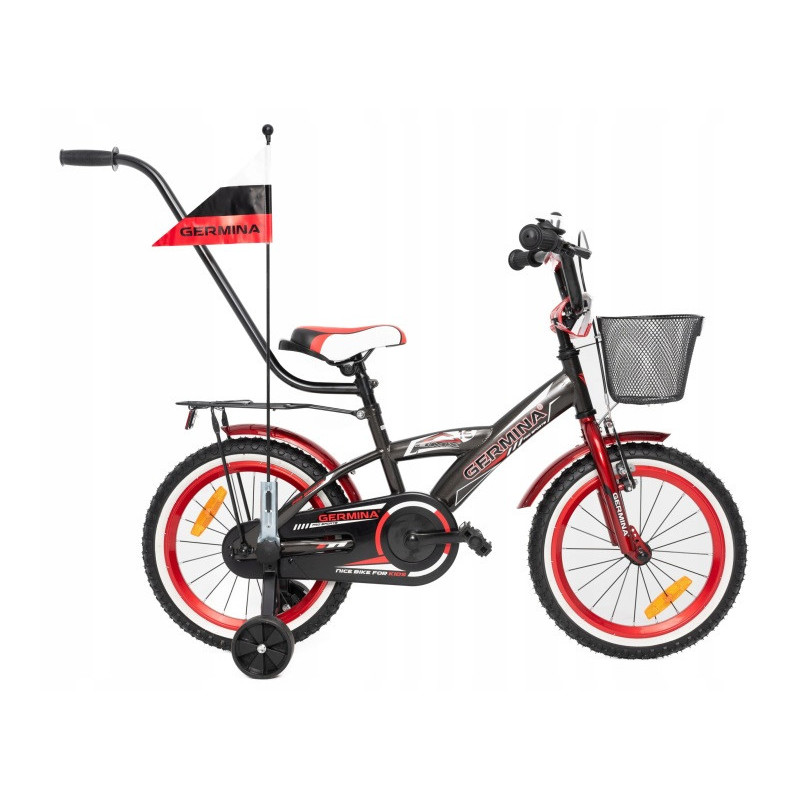 Rower dziecięcy 16" dla chłopca z koszykiem, kółkami bocznymi i prowadnikiem