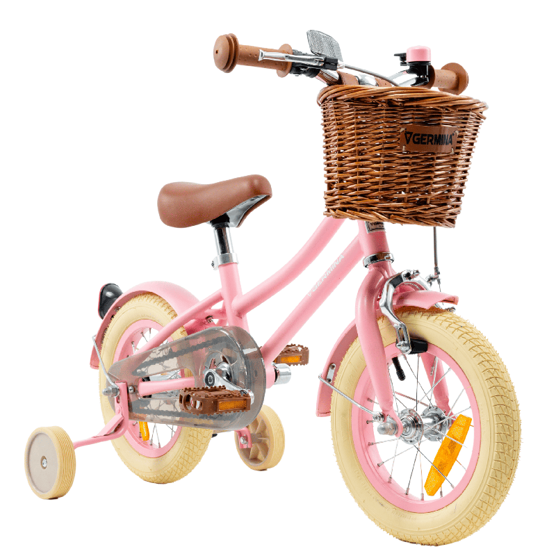 Rower dziecięcy 12" dla dziewczynki z koszykiem i kółkami bocznymi – styl vintage