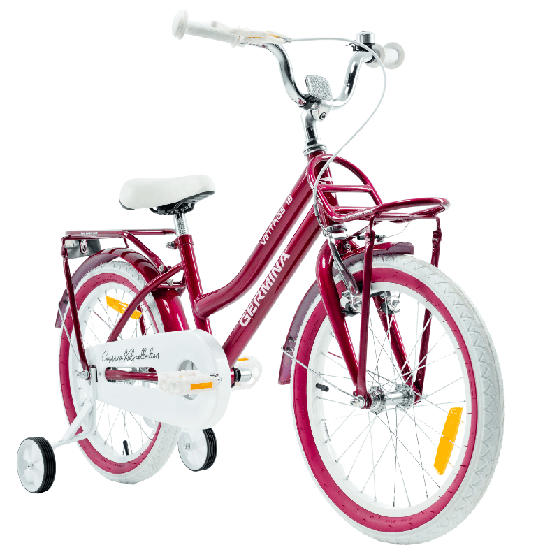 Rower dziecięcy 18" Vintage dla dziewczynki z kółkami bocznymi i bagażnikiem przód tył